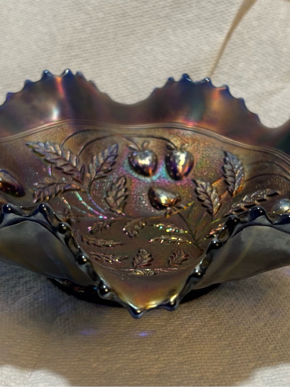 Antique Northwood Amethyst Carnival Glass Strawberry Ruffled Bowl – c. 1911